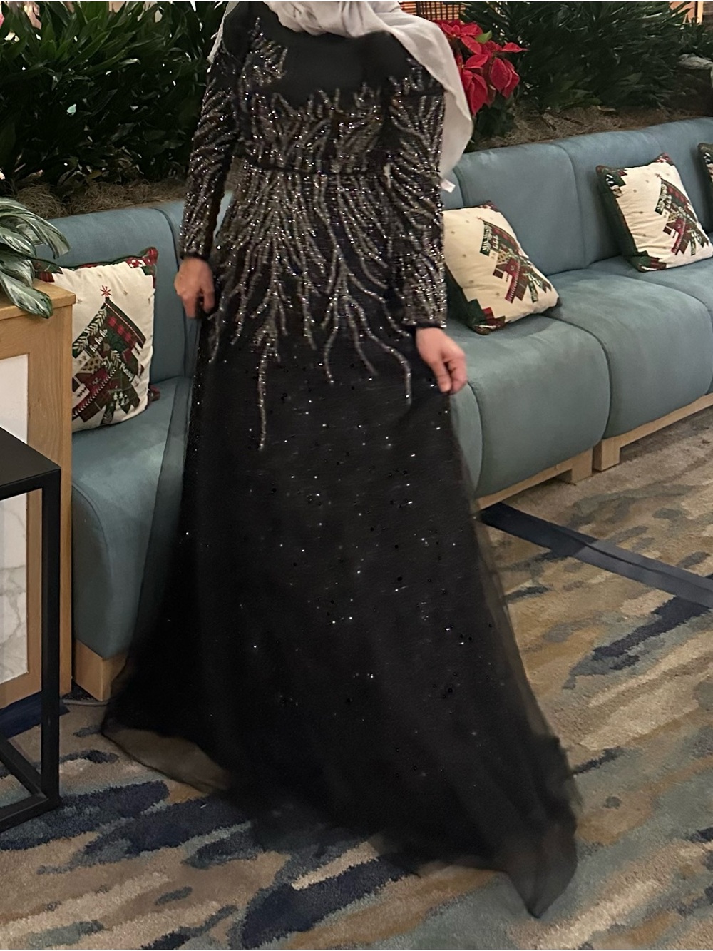 Embellished Black Long-Sleeve Evening Dress
